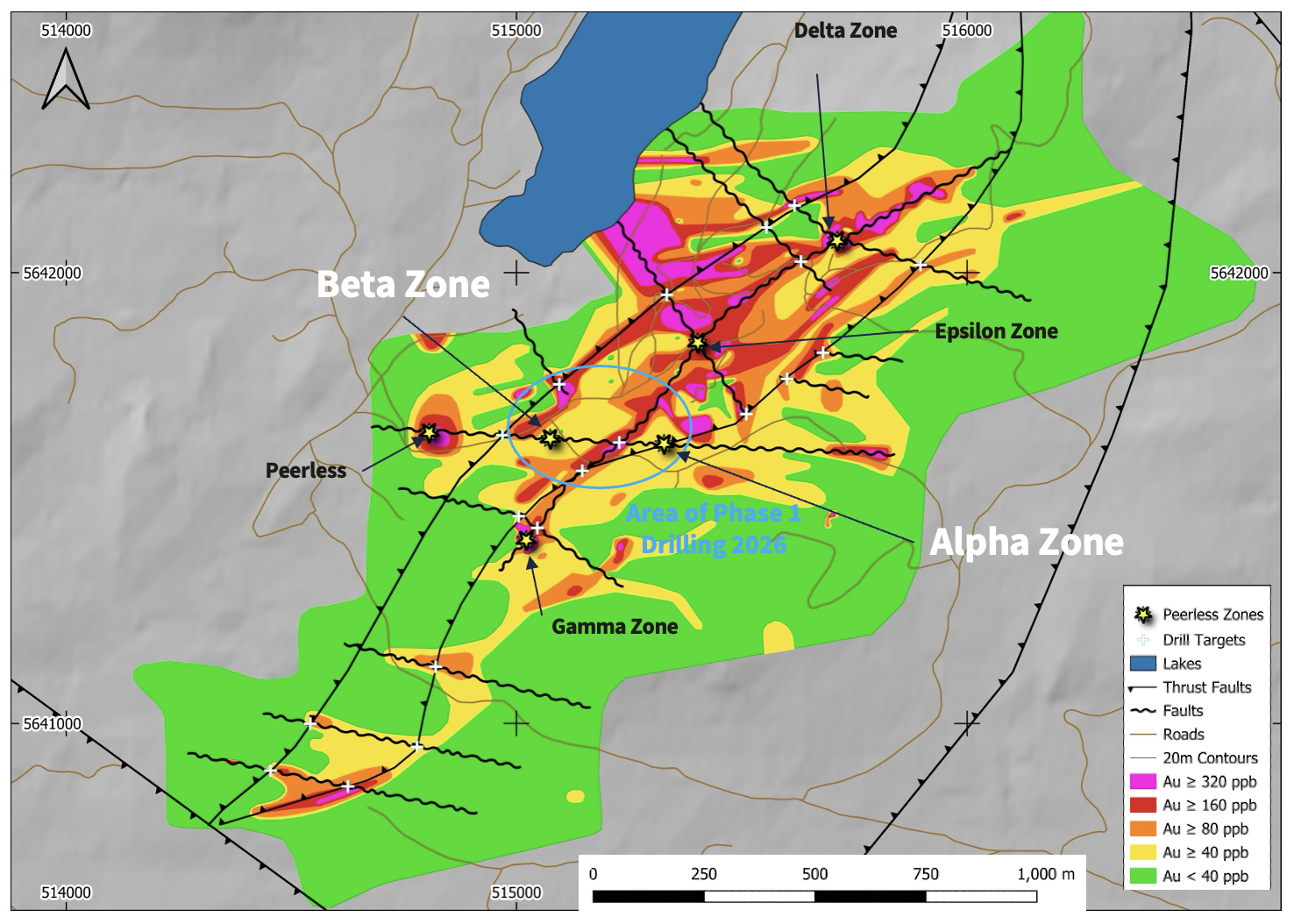 Peerless five gold zones map with geochemistry — Alpha, Beta, Gamma, Delta, Epsilon